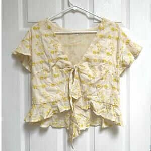 Tularosa White and Yellow Embroidered Floral Shirt with Tie Front